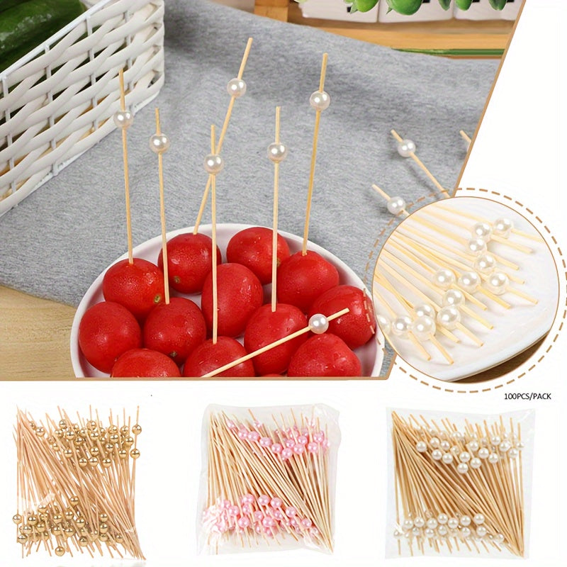 100 pieces of golden, pink, and white pearl bamboo toothpicks for weddings and parties, ideal for appetizers, fruits, and beverages on special occasions. Great for cakes, desserts, and cupcakes.