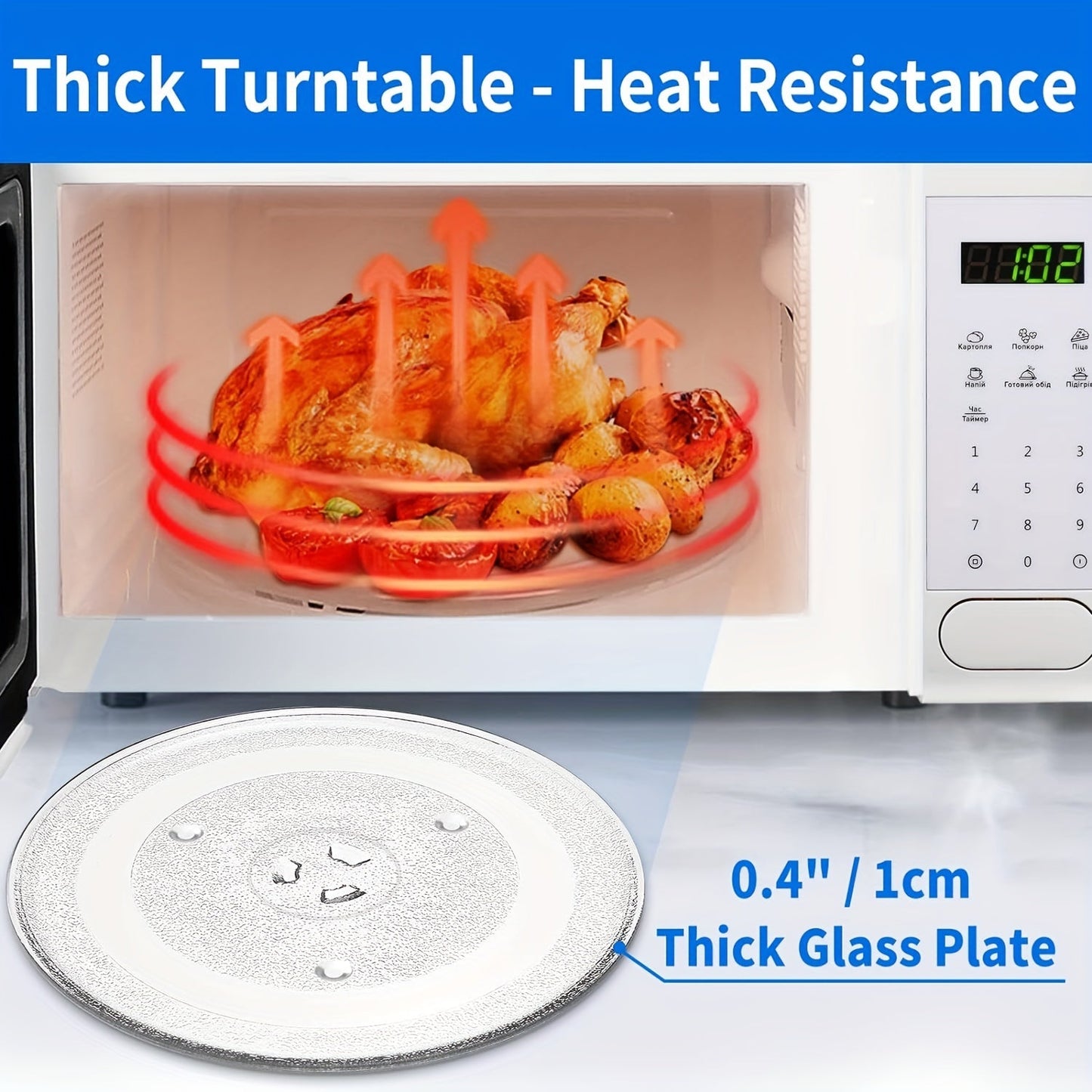 Replace your microwave plate with this 9.6 inch (24.5cm) glass turntable plate compatible with LG, GE, Magic Chef, Hotpoint, Panasonic, Kenmore, and more. Includes a cleaning cloth for easy maintenance.