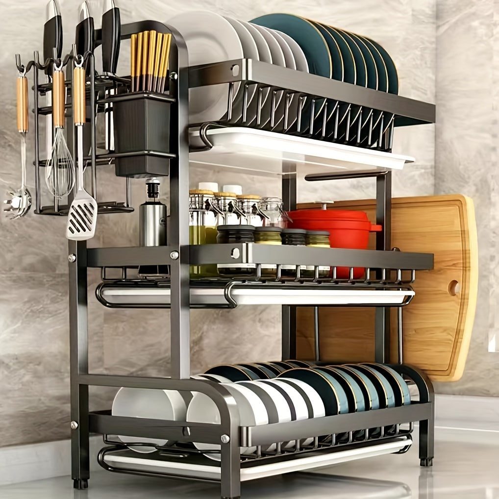 High-quality carbon steel three-layer storage rack for bowls, plates, and dishes, featuring dry and wet separation, drainage, and rust-proof design. Includes integrated racks for tableware