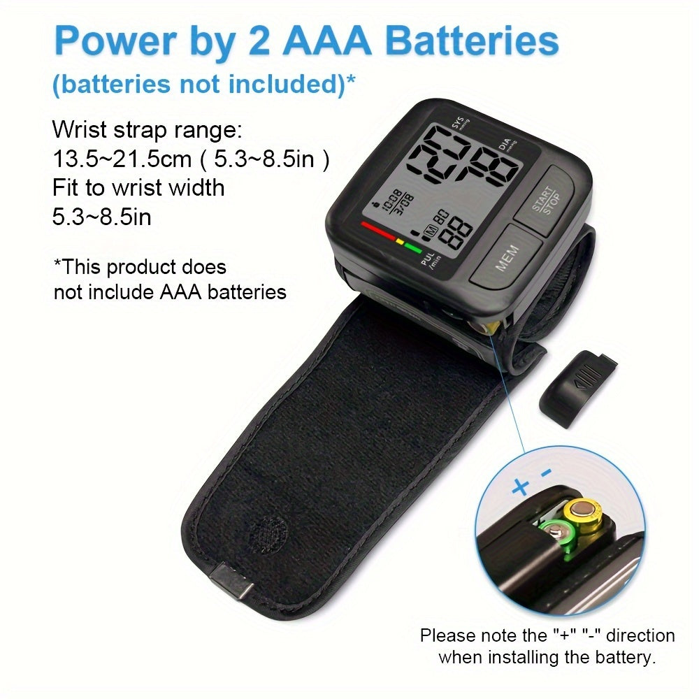 Portable wrist blood pressure monitor with large LCD display, automatic digital device, includes wrist strap and PP box.