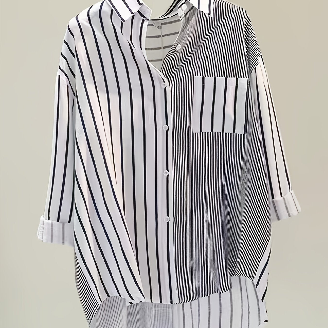 Long-Sleeve Elegant Striped Shirt for Plus-Size Women