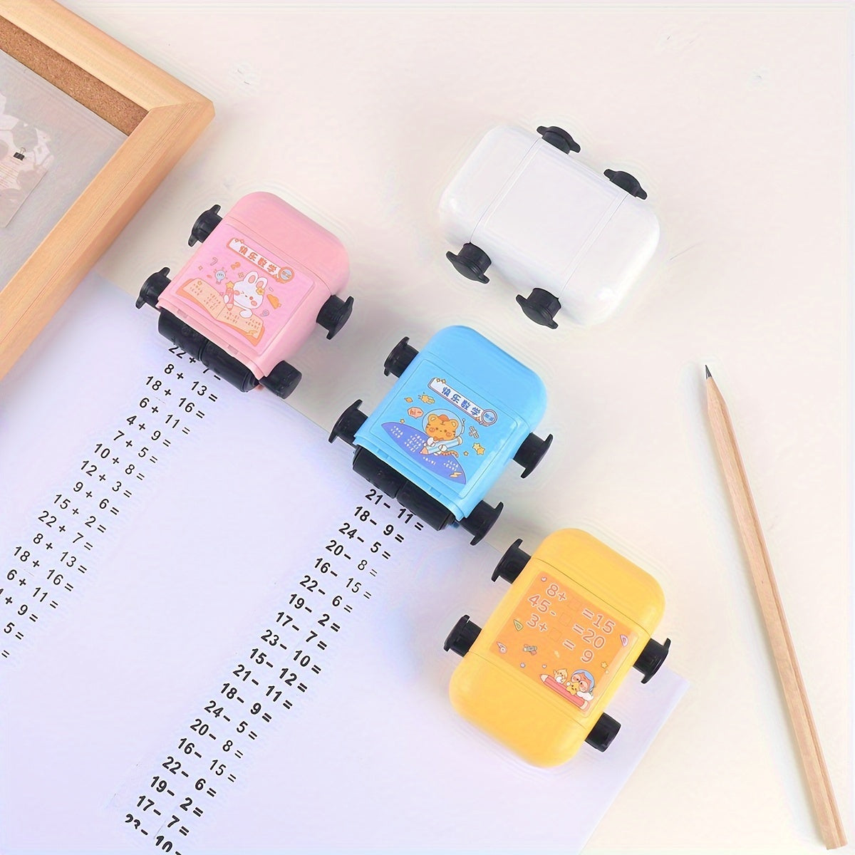 1pc Double Roller Arithmetic Stamp with addition and subtraction, cute cartoon design for math practice. Perfect for school supplies and back to school. Multiple colors available.