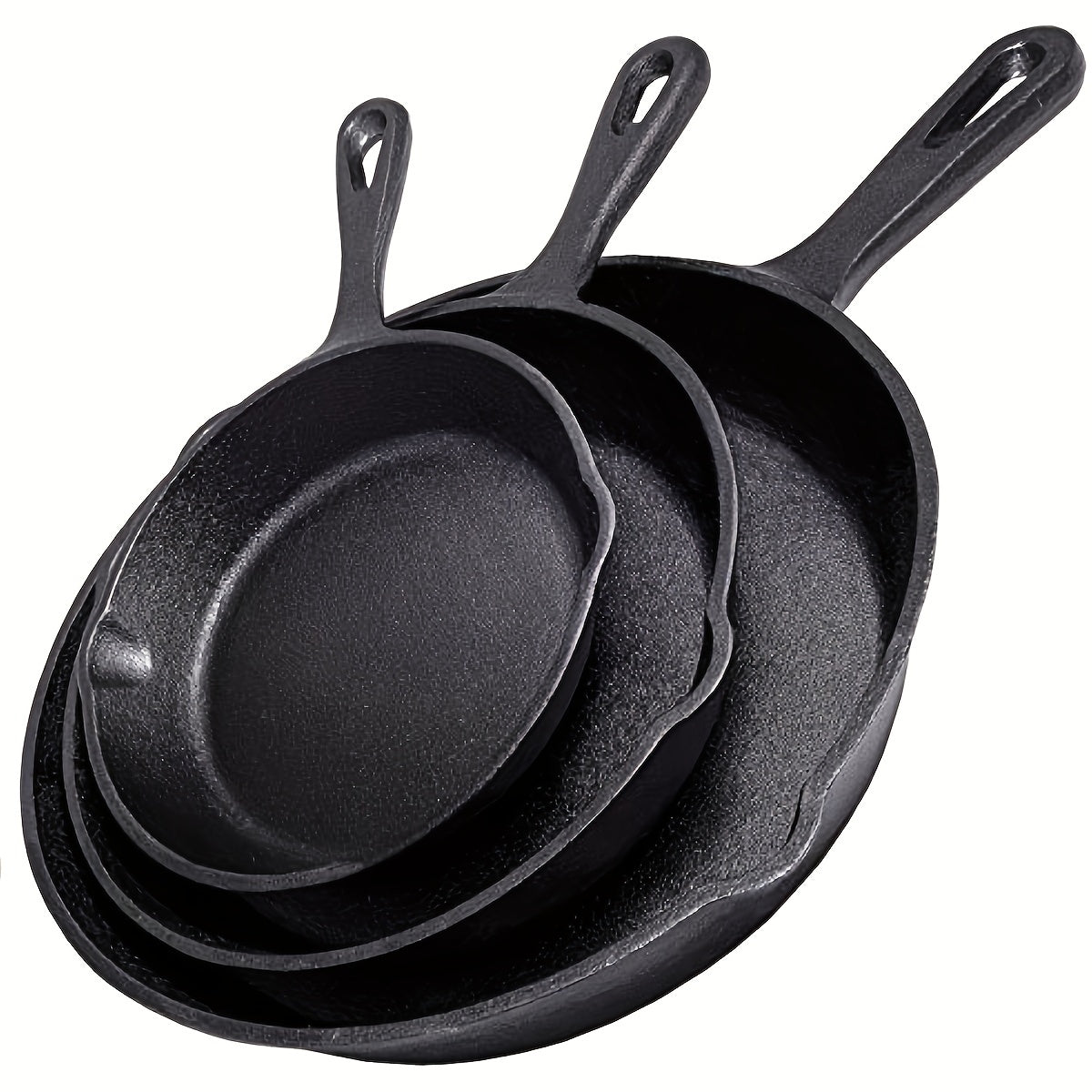 One set of three Cast Iron Skillets and Frying Pans featuring Drip-Spouts, Pre-seasoned for Oven Safety. Ideal for Camping, Indoor and Outdoor Cooking, Grill use, and Restaurant Chef Quality.