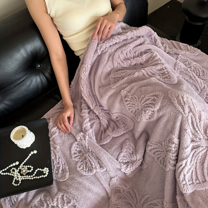 Soft and comfortable butterfly jacquard nap blanket available in milky white, camel, pink, green, purple, brown, gray, and blue gray. Perfect for use in the office, on the sofa, in the living room, or in the car.