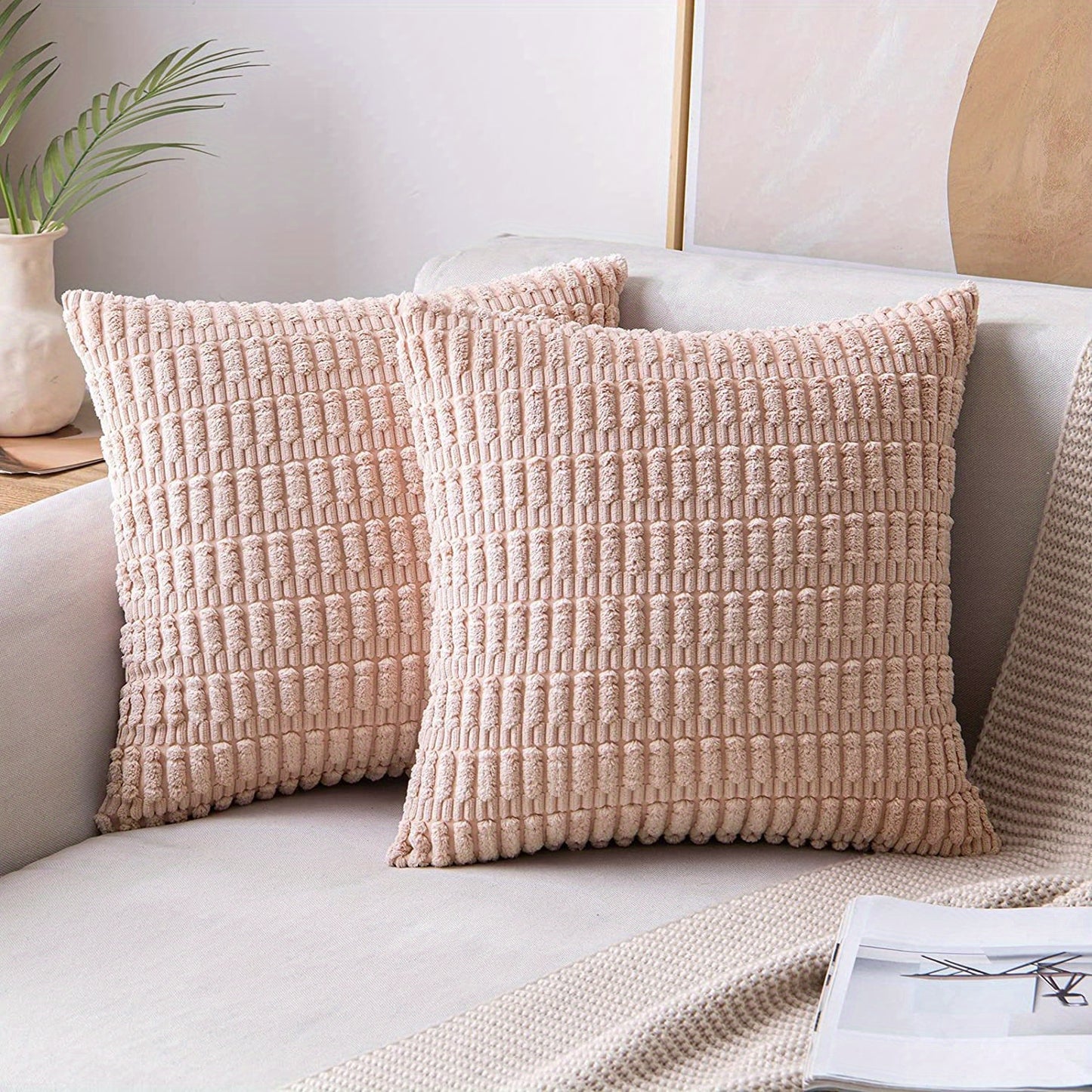 Reversible corduroy throw pillow cover with soft boho striped design, machine washable, zipper closure. Woven polyester, ideal for contemporary farmhouse home decor in sofa and living room. Size: 45.72x45.72 cm.