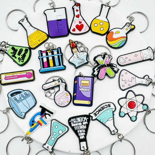 Keychain Set with Chemistry and Biology Lab Themes, featuring Test Tubes, Beakers, Alcohol Lamps, and Triangular Bottles - Ideal for Students and School Decoration, Inspired by Science.