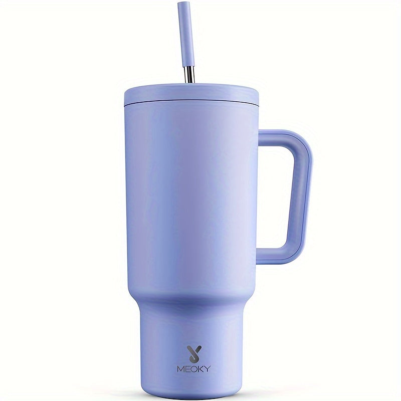 Stainless steel tumbler with lid and straw, leakproof and BPA-free for hot/cold drinks, ideal for camping, hiking, and driving.