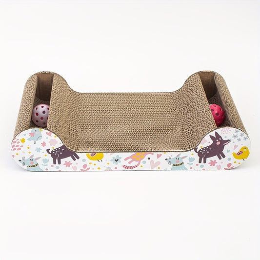 Colorful corrugated cardboard cat scratcher featuring playful bell balls and whimsical animal designs. Durable claw grinding board for indoor cats.