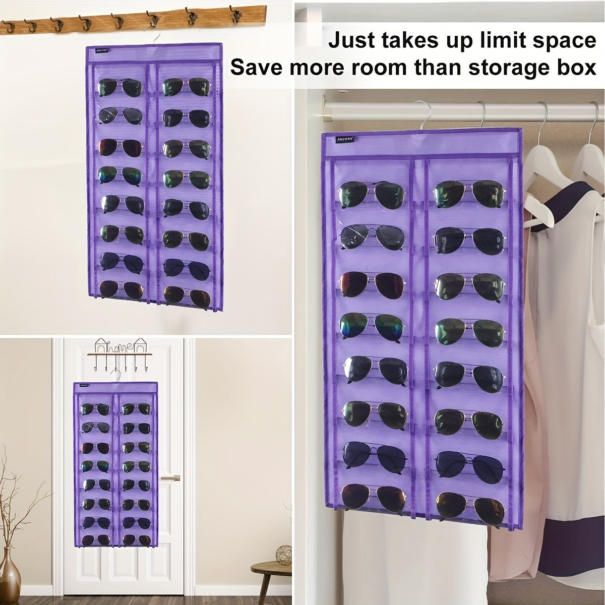 Dual Sided Hanging Sunglasses Organizer with 32 Dust Proof Pockets - Sunglass Rack for Home.