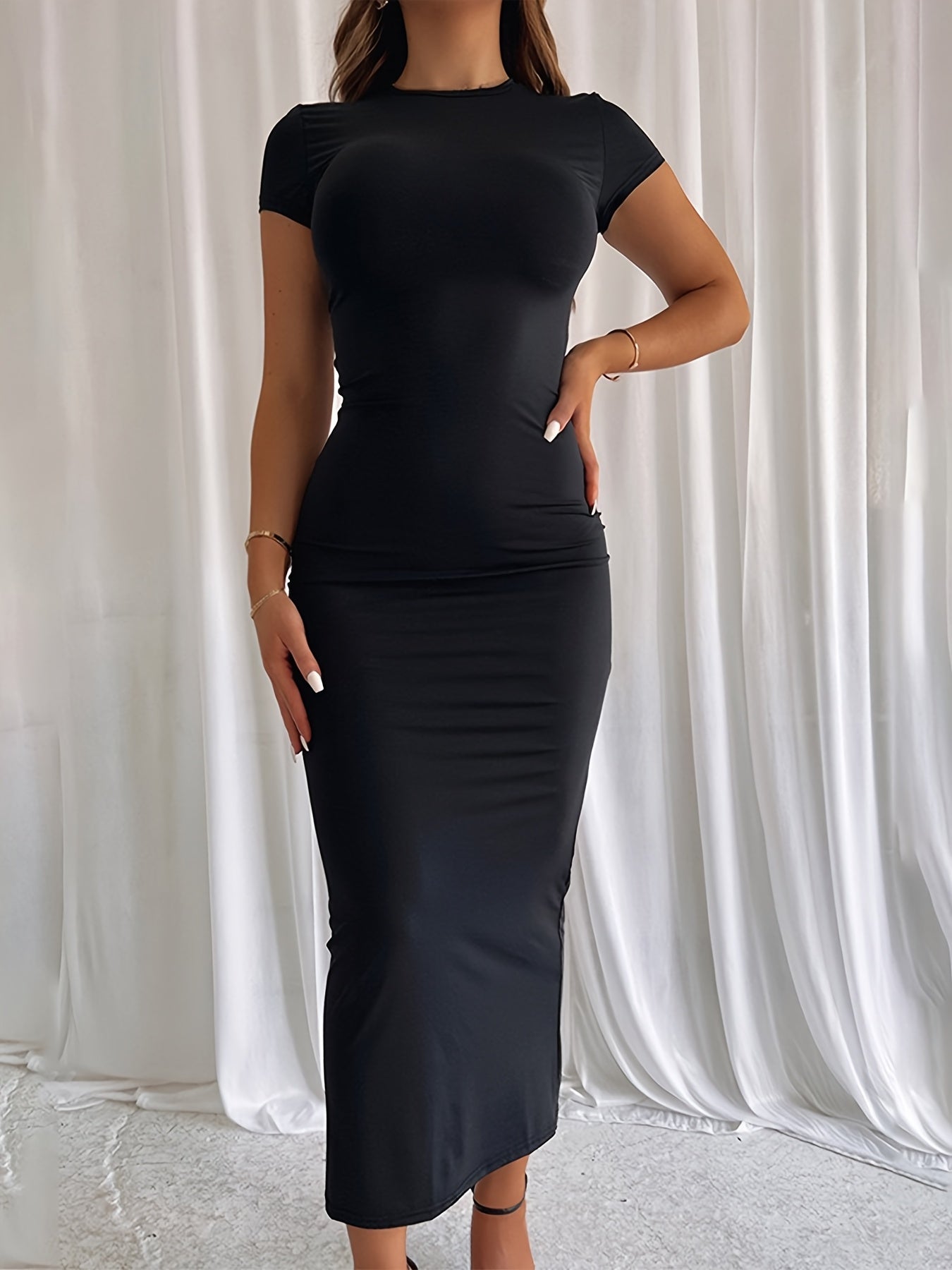 Elegant dark green bodycon midi dress featuring short sleeves, round neck, stretchy polyester-elastane blend, machine washable, and pencil skirt style for women.