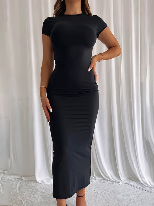 Qisqa yengli, dumaloq bo'yinli, cho'ziluvchan polyester-elastan aralashmasidan tayyorlangan, mashinada yuvish mumkin bo'lgan, ayollar uchun qalam yubka uslubidagi elegant qora yashil bodycon midi ko'ylak.