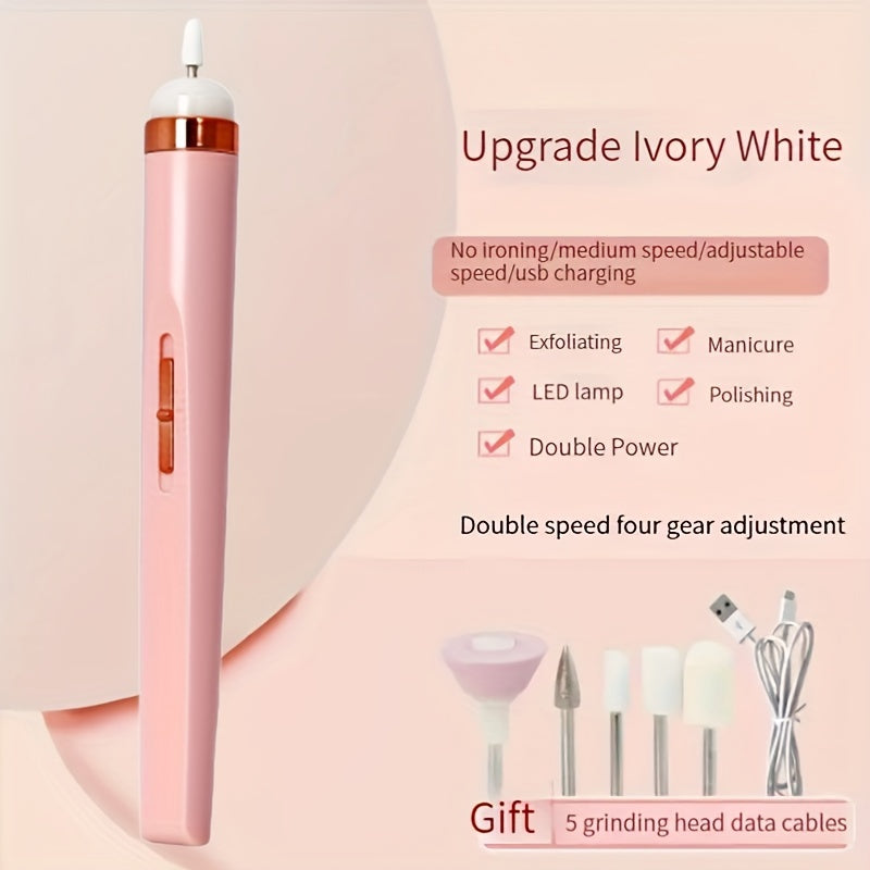 Portable electric nail drill with 5 attachment bits, LED light, adjustable speed, USB charge for manicure and nail care.