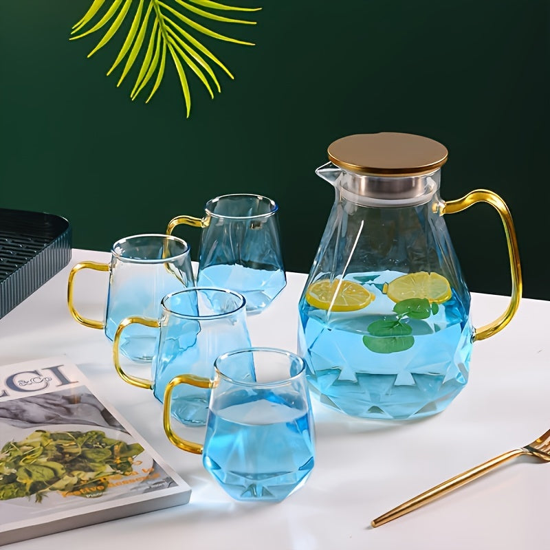 1pc 1800ml cold water kettle and 4pcs 350ml glass water kettle, heat-resistant and large capacity, including diamond teapot and water cup.