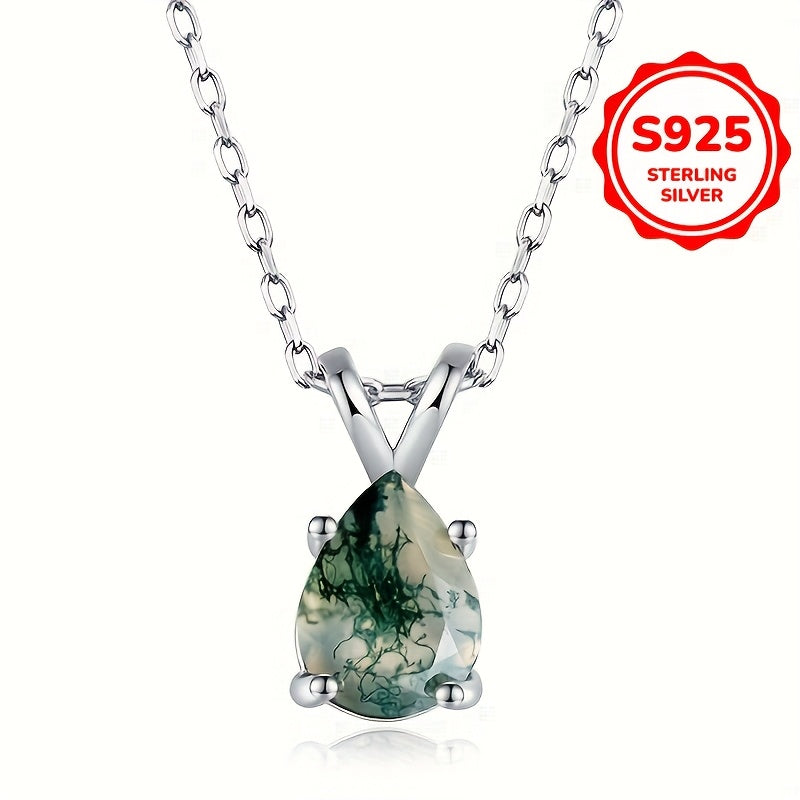 Moss Agate Pendant Necklace made from Green Natural Stone, set in 925 Sterling Silver with an Adjustable Neck Chain for Decoration.