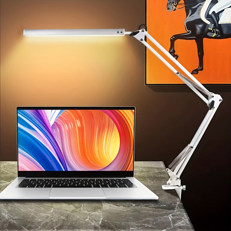 1pc LED desk lamp with 3 lighting modes, metal swing arm, clamp, 10 brightness levels, memory function, great for dorms, studios, and reading.