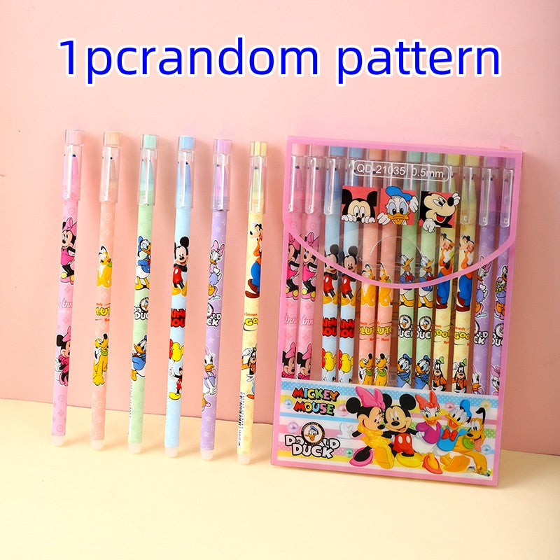 1 pack of Mickey Mouse gel pens with erasable ink, 0.5mm medium point, assorted cartoon designs, ideal for school or office.