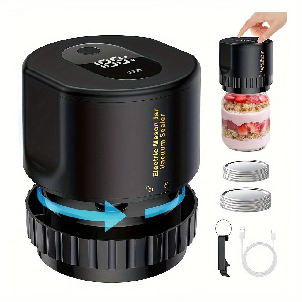 The Cordless USB Rechargeable Electric Mason Jar Vacuum Sealer Set includes a plastic vacuum seal machine with 10 lids. It features a built-in lithium battery with 1200mAh capacity, 5W semi-automatic operation, and is ideal for food preservation and