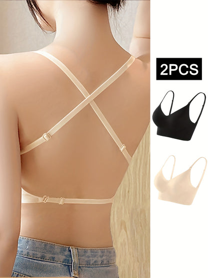 Solid Seamless Backless Bra - Wireless Push Up, Comfy & Breathable