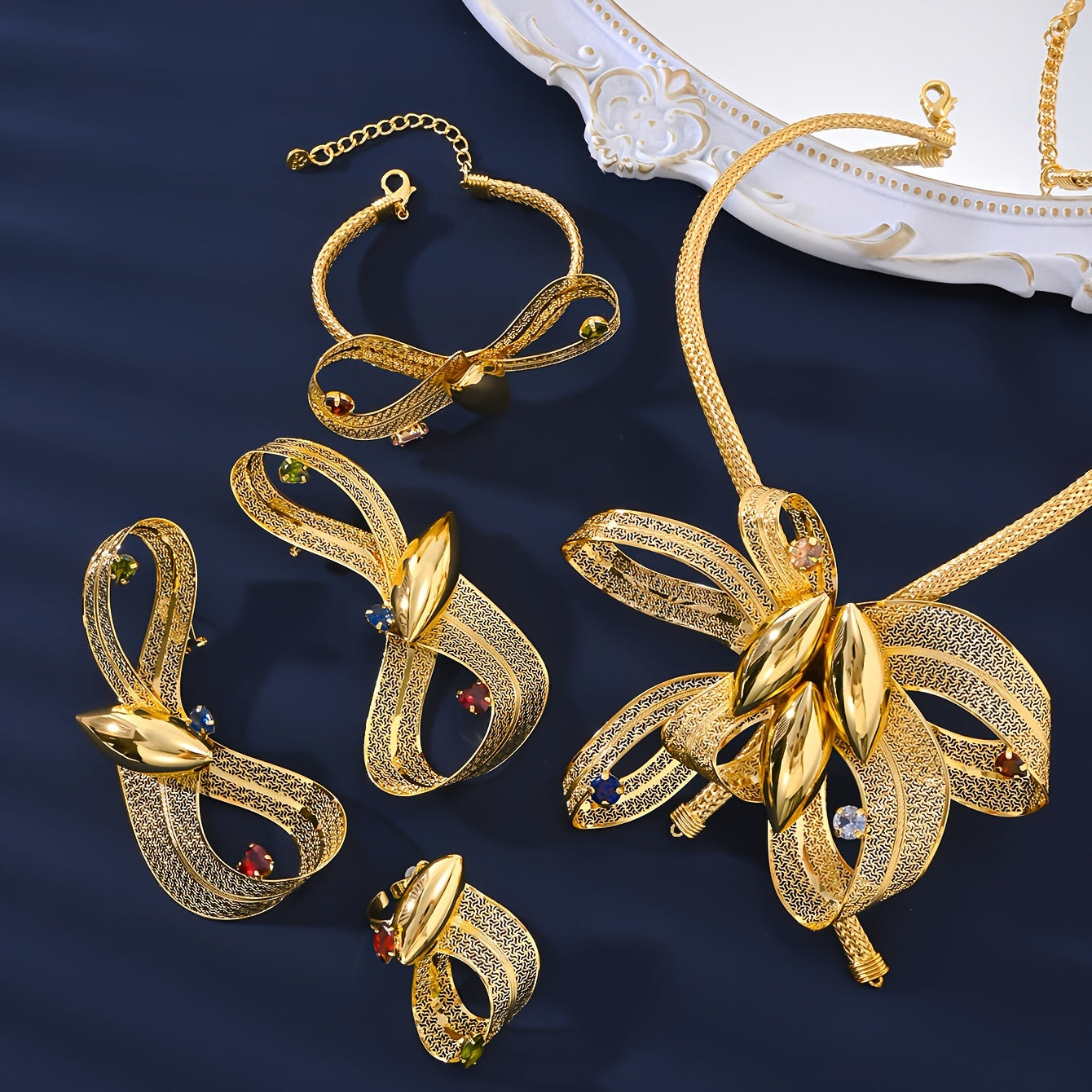 MEIZ 18K Golden Plated Jewelry Set for Women features an Exaggerated Floral Design, making it the perfect African Bride Wedding Gift. With a Retro Sexy Style and Synthetic Cubic Zirconia Accents, this set is sure to make a statement. Made with a Copper