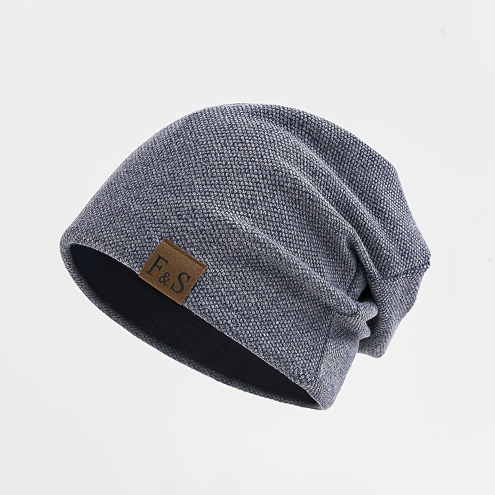 Christmas gift of a men's casual beanie hat made with a blend of cotton and soft, breathable polyester fabric. Features an alphabet pattern, high stretch, and is recommended for hand wash only.