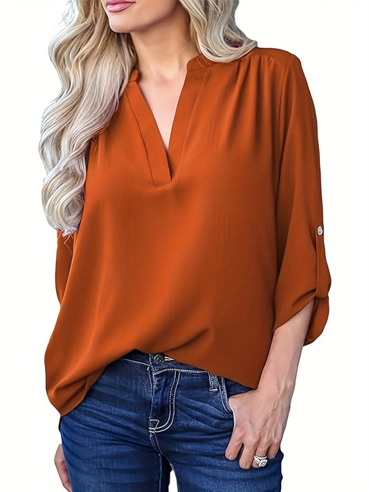 Elegant plus size V-neck blouse with roll-up sleeves in a solid color, machine washable, perfect for casual outings.