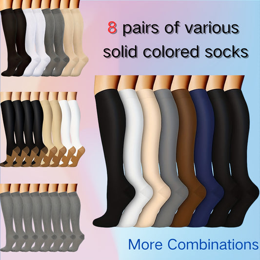 Set of 8 unisex knee-high compression socks in 8 solid colors with anti-odor, sweat-absorbing, breathable, and elastic qualities for daily wear and outdoor activities.