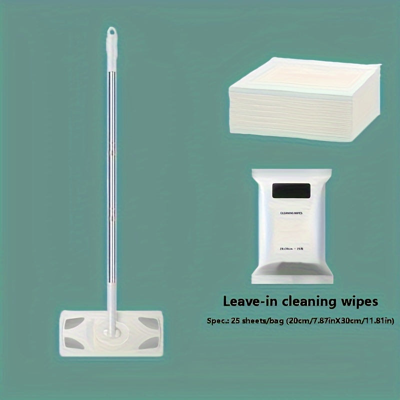 One stainless steel foldable long handle static mop set with disposable dust wipes. Versatile wet and dry floor mop for various areas including living room, bedroom, bathroom, kitchen, and suitable for hardwood, tile, and glass cleaning.