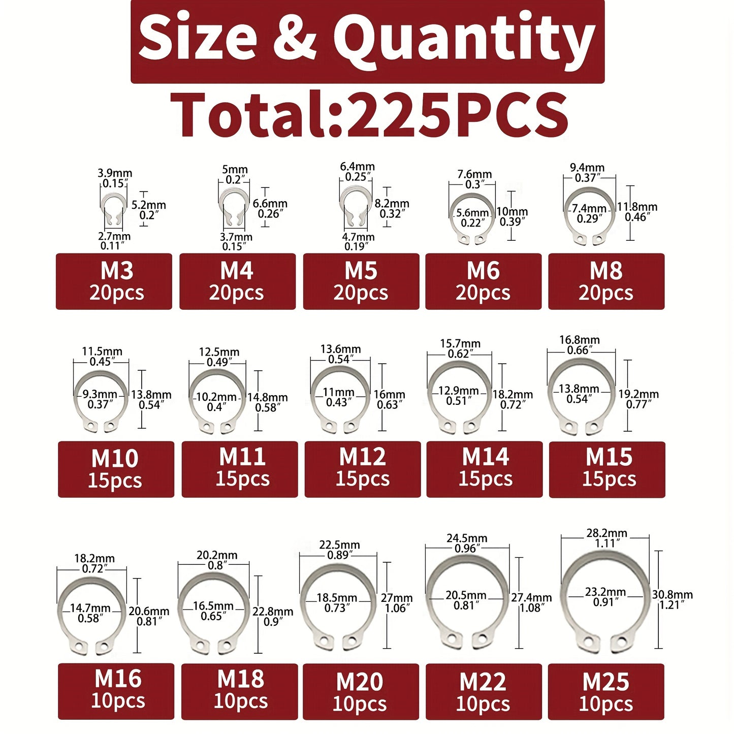 Набор из 225 внешних стопорных колец, изготовленных из нержавеющей стали 304 в 15 размерах (M3-M25) для сборки валов.