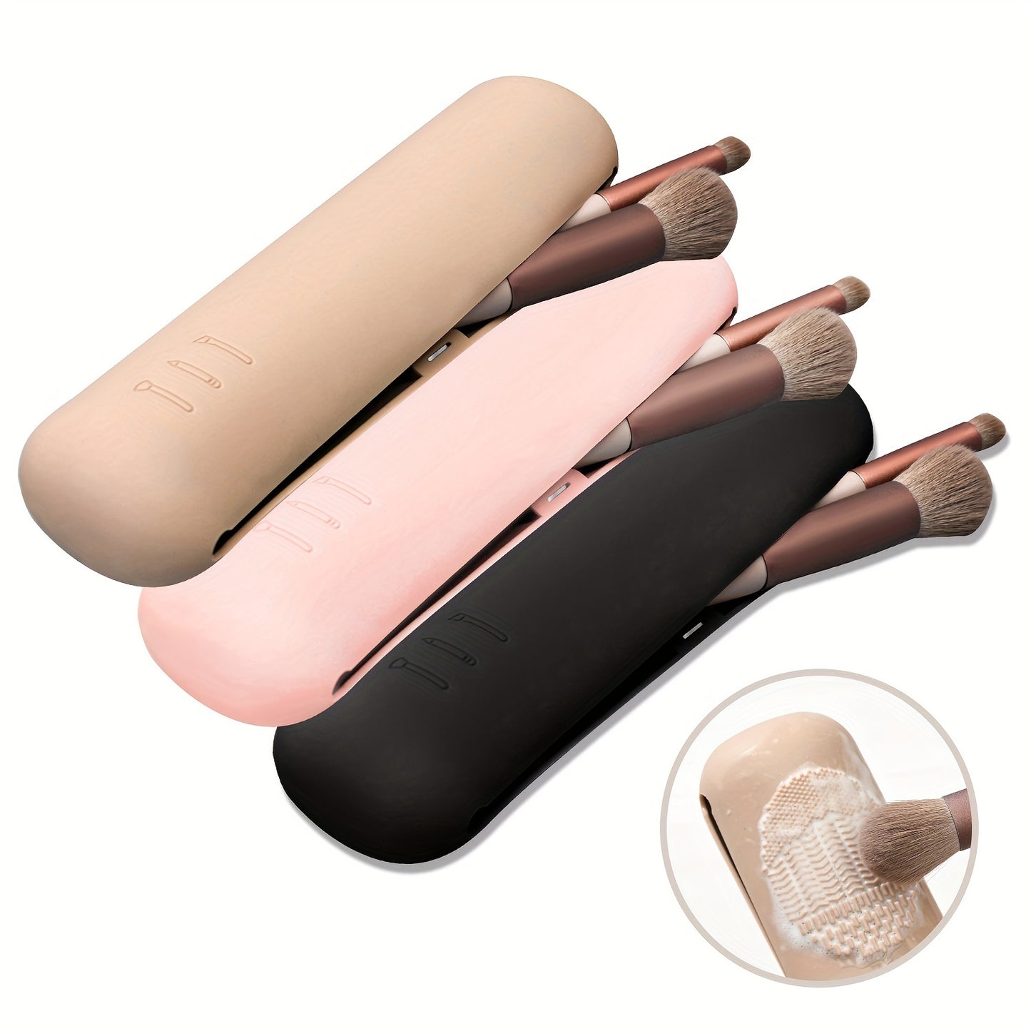 Travel makeup brush holder in beige silicone with magnetic closure; waterproof, anti-fall design for adult makeup tools organization.