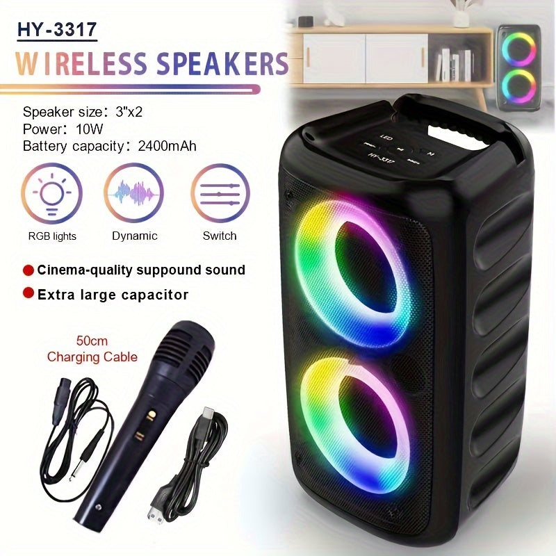 MOKiN Portable Wireless Speaker with Subwoofer, Microphone, Dual 10W Speakers, RGB Party Lights, FM Radio, 2400mAh Battery, Tws Pairing, TF Card Slot - Ideal for Home and Outdoor Events