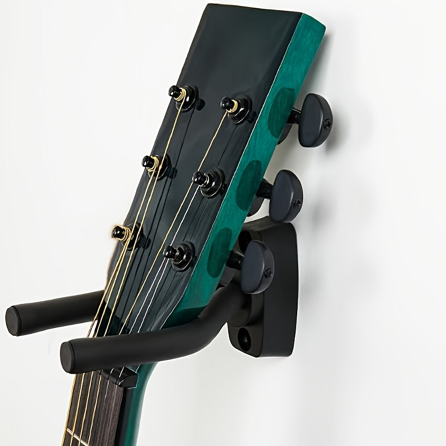 Adjustable black foam steel guitar wall hooks for displaying instruments of all sizes - space-saving and safe.