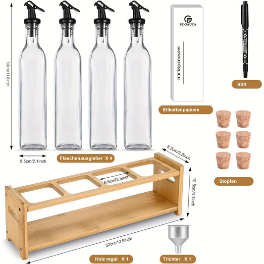 Set of 4 Vinegar and Oil Bottles with a Pure Natural Bamboo Rack, 500ml High Clarity Glass Oil Can, and Black and White Labeled Oil Separator for Organized Storage of Kitchen Oil and Vinegar