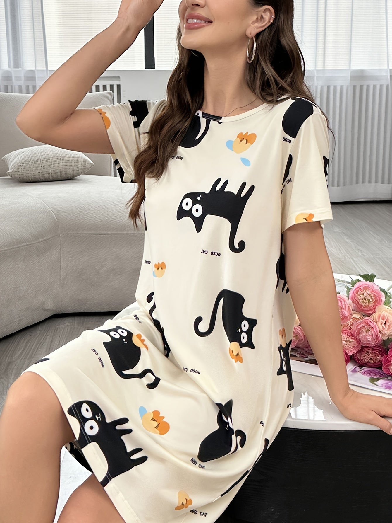 Cartoon Cat Print Nightdress for Women, Short Sleeve Sleep Dress