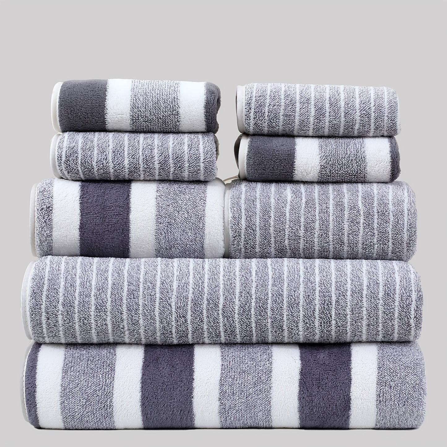 8 narrow strip sports bath towels suitable for bathroom, hotel, fitness, and spa. Includes 2 bath towels, 2 hand towels, and 4 square towels.