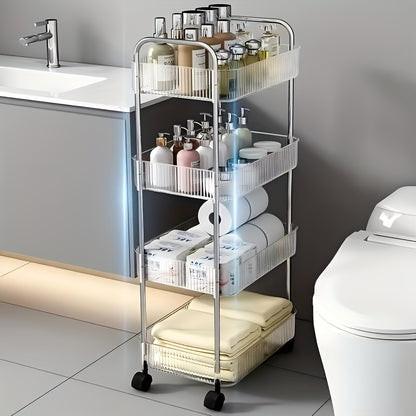 Acrylic rolling storage cart with 3/4 layers, transparent design, 360° rotating wheels, ideal for bedrooms, bathrooms, and kitchens.