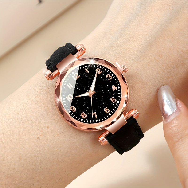 Stylish 5-piece women's watch and heart jewelry set, featuring a digital quartz wristwatch with PU leather band, round zinc alloy case, and button battery operation.