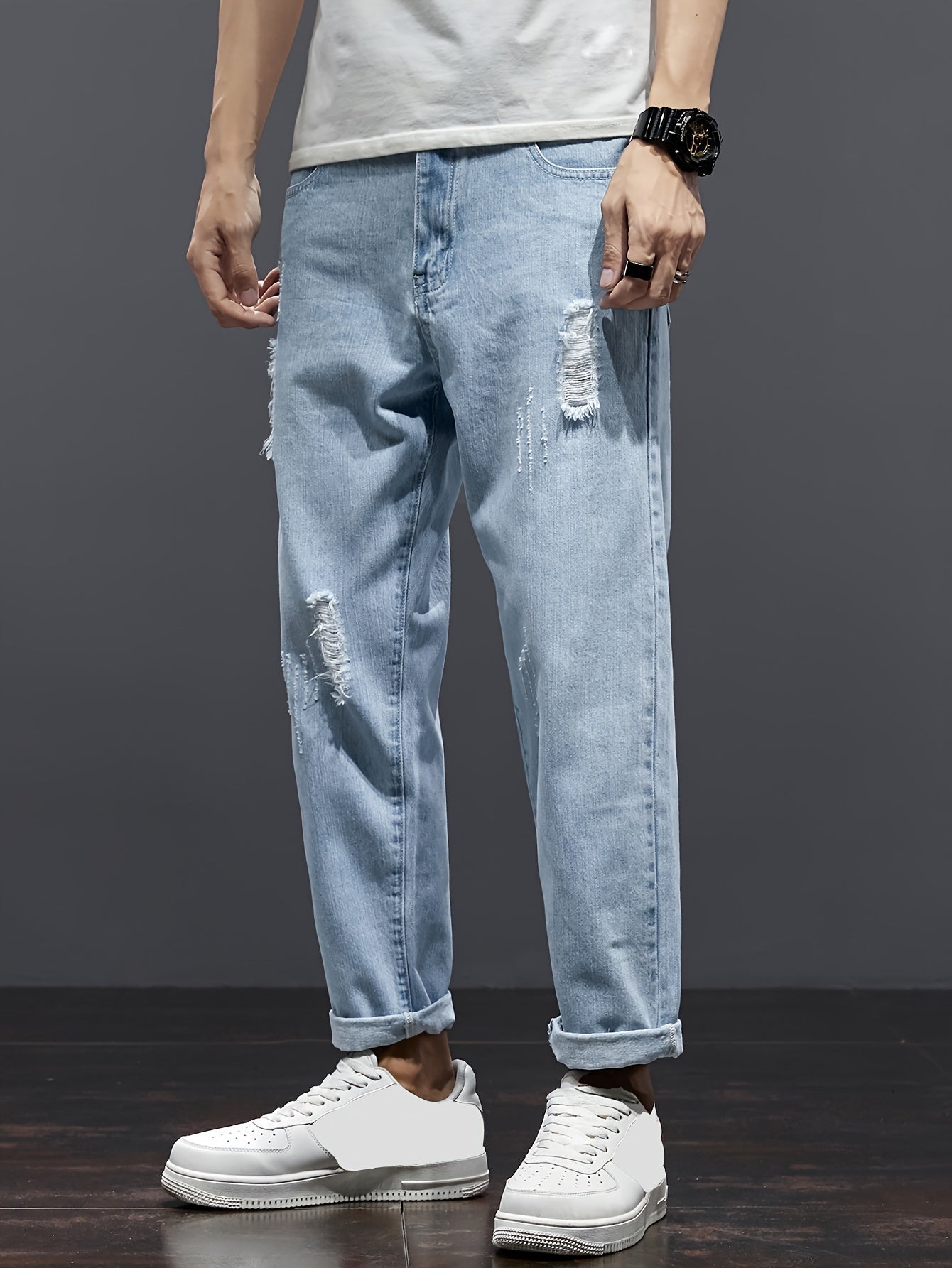 Summer 2024 Men's Distressed Denim Jeans: Straight leg, loose fit, stretch waist, trendy cropped casual pants with ripped detailing, machine washable.