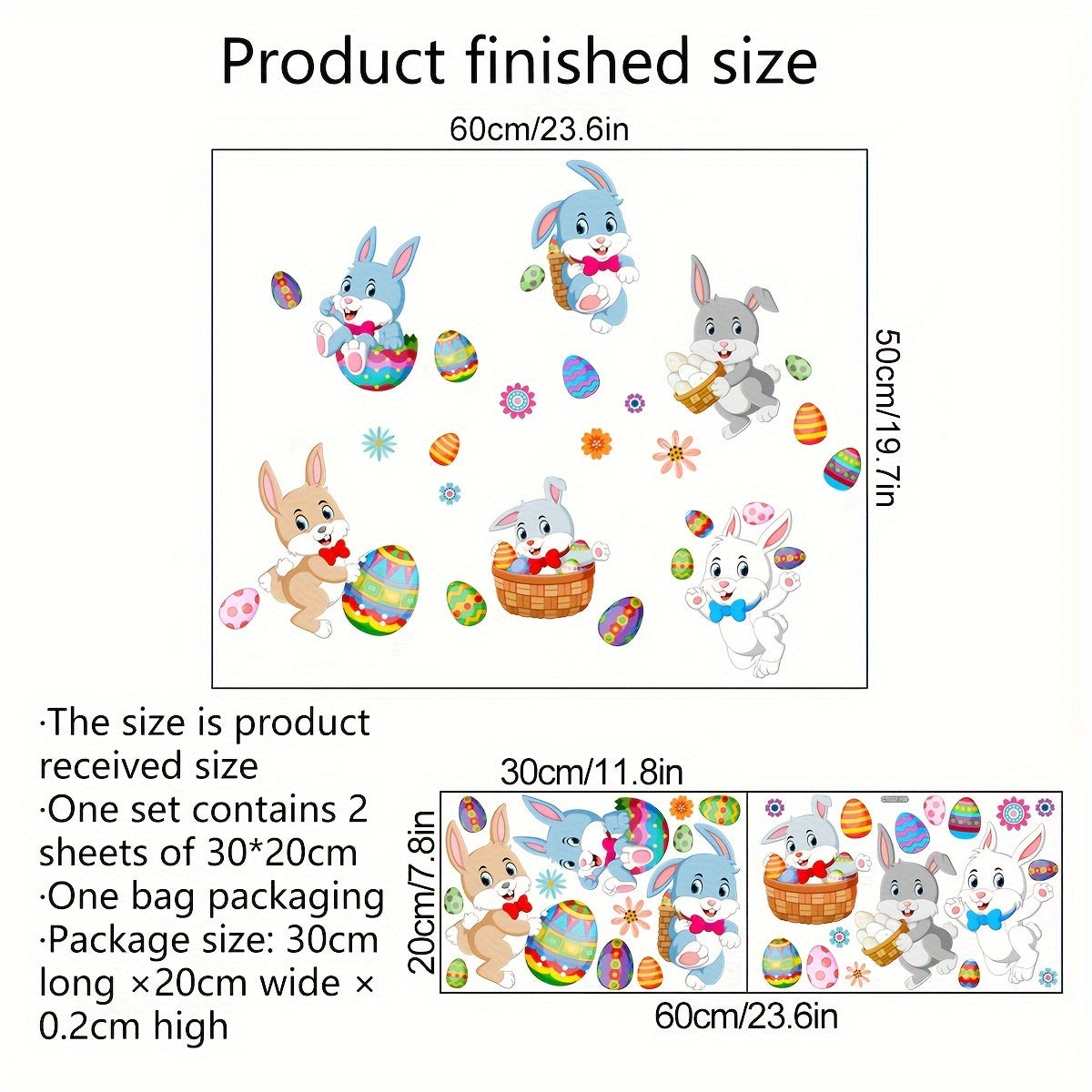 This listing is for a set of two Easter bunny and egg glass window stickers, each measuring 20*30cm. These stickers are perfect for decorating bedrooms, living rooms, balconies, and windows. They feature self-adhesive double-sided printing and are