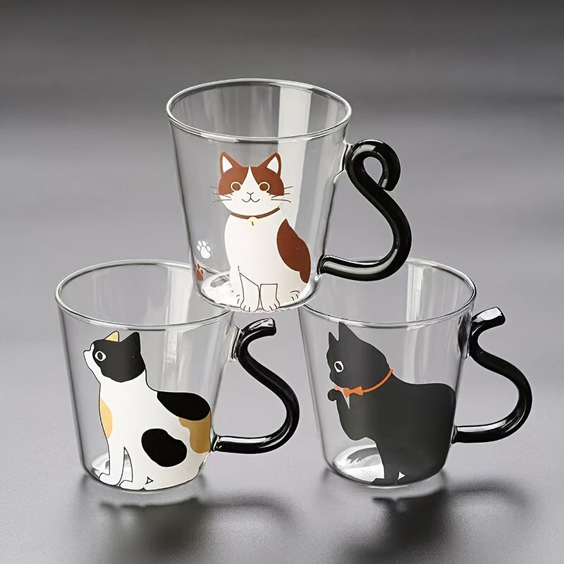 8.8oz Cute Cat Glass Mug made of high borosilicate glass, heat & cold resistant, reusable with animal print design for all beverages - handwash only.