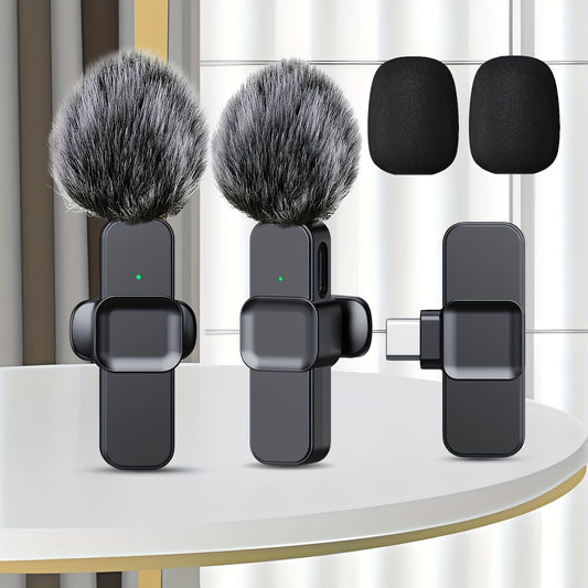 XIAOLO Wireless Clip-On Microphone with USB-C offers wireless connectivity, noise reduction, 360° sound pickup, and sleek black design for live streaming, podcasting, and video shooting.