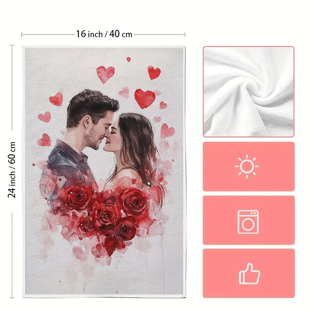 Two Romantic Valentine's Day Kitchen Towels - These ultra soft and highly absorbent polyester dish hand towels measure 40.64x60.96 cm. They feature an embracing couple and red roses design, perfect for holiday decor. These machine washable dish towels