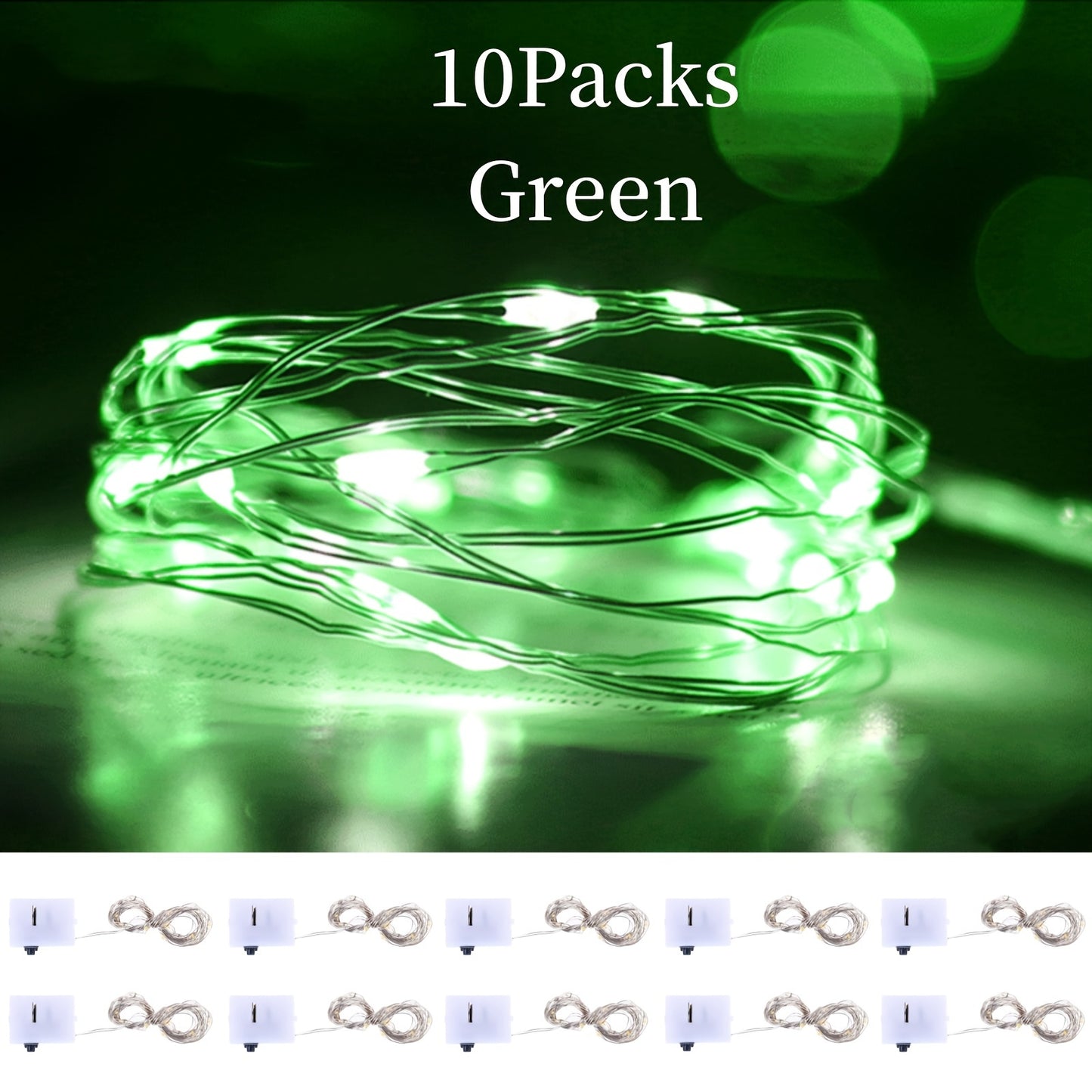 Battery operated LED string lights in a 10-pack, available in lengths of 99.06cm, 198.12cm, and 299.72cm with 10, 20, or 30 LEDs. Perfect for indoor decoration such as BOBO balloons, parties, weddings, and Christmas, these lights create a warm and