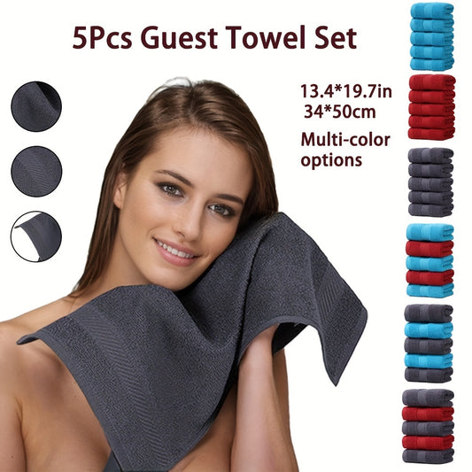 5-piece solid color guest towel set made from absorbent cotton material for guests and travel parties. Each towel measures 13.4*19.7in/34*50cm and is soft, comfortable, and easy to carry. Ideal for on-the-go use.