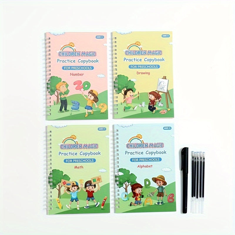 Kids Educational Writing Practice Set includes spiral bound copybook with pen for preschoolers to learn alphabet, numbers, and addition for early literacy and math skills development.