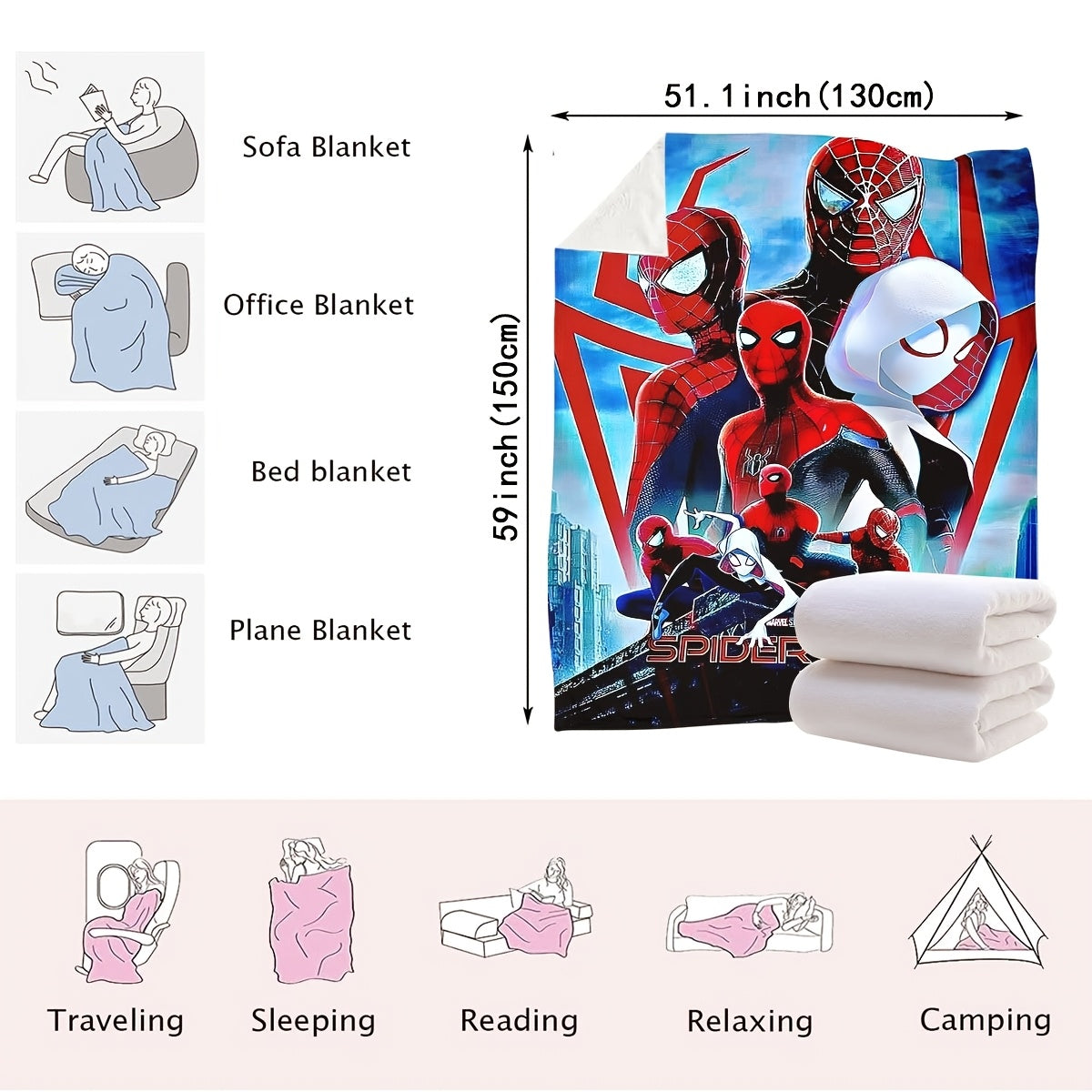 Four Spider-Man-themed decorative blankets that can be used as carpets, bed covers, towels, nap blankets, leisure blankets, and travel blankets. Made from knitted polyester, these blankets are modern and versatile, suitable for use in all seasons.