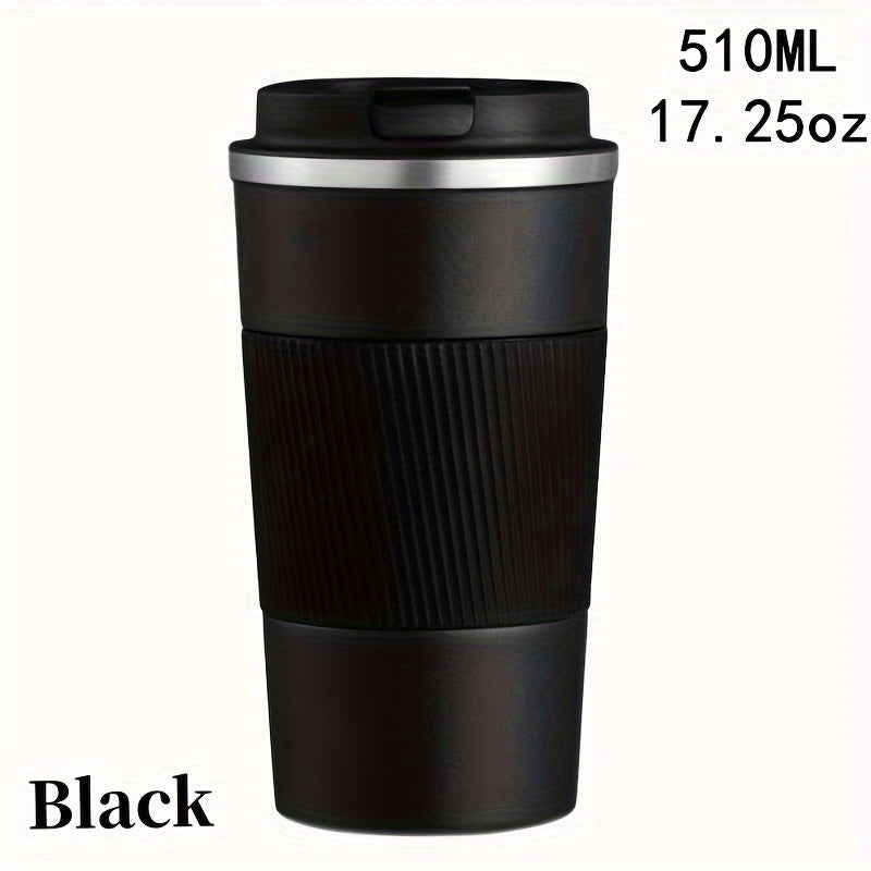 Stainless steel travel mug, available in 12.85oz or 17.25oz sizes. Features vacuum insulation for keeping drinks hot or cold, spill-proof leakproof lid, and double-walled design. Perfect for coffee, tea, or beer on-the-go. Reusable and durable.