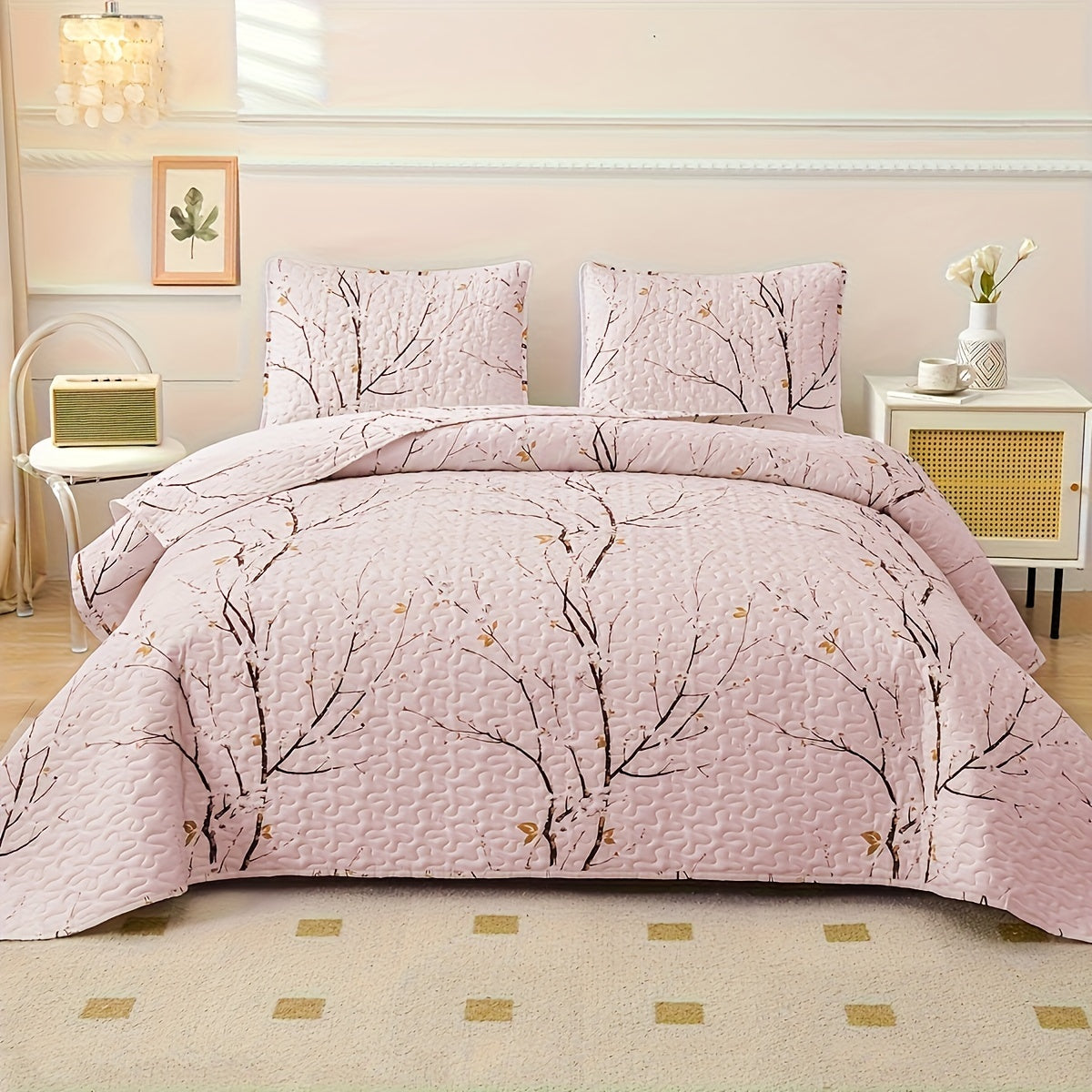 Elegant Plum Blossom Quilt Set includes 3 pieces (1 Quilt + 2 Pillowcases, Core not included). Made with skin-friendly, soft and breathable materials, this bedding is warm and comfortable for all seasons. Perfect for hotel or bedroom use.