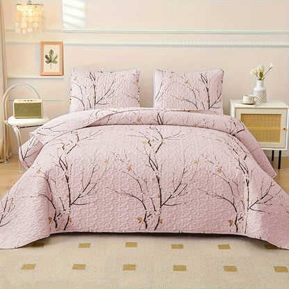 Elegant Plum Blossom Quilt Set includes 3 pieces (1 Quilt + 2 Pillowcases, Core not included). Made with skin-friendly, soft and breathable materials, this bedding is warm and comfortable for all seasons. Perfect for hotel or bedroom use.