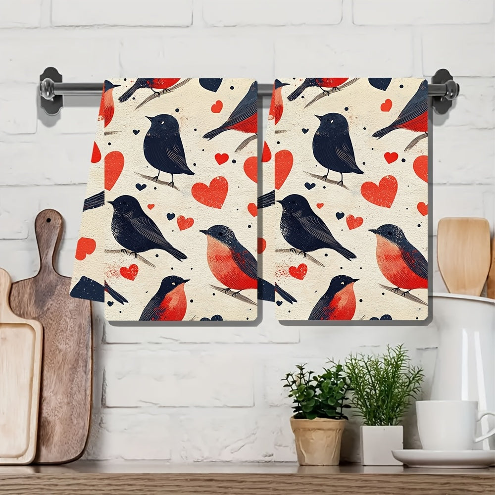 Two ultra-soft kitchen towels decorated with birds symbolizing Valentine's Day. These highly absorbent dish towels are perfect for holiday decor, machine washable, and measure 40.64x60.96 cm.