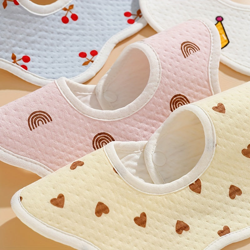 Three pieces of cotton bibs with a waterproof knitted petal design, featuring double hidden buttons for secure closure. These bibs are soft, absorbent, and perfect for keeping your little one clean during mealtime.